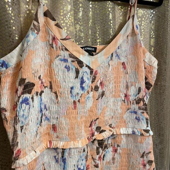 Express Peachy Pink Floral Smocked Mini Dress, XL NWT - Picture 3 of 6